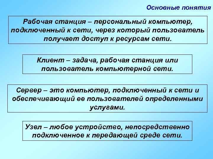 Основные понятия Рабочая станция – персональный компьютер, подключенный к сети, через который пользователь получает
