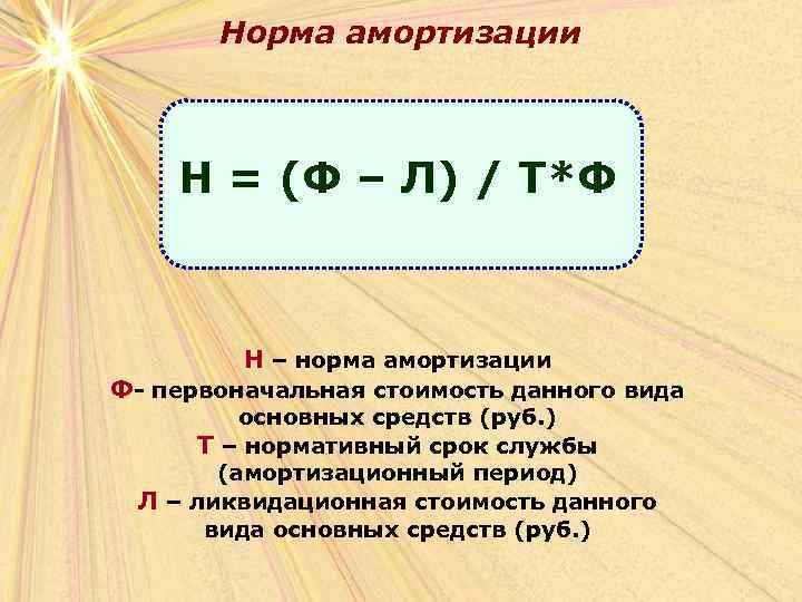 Норма амортизации Н = (Ф – Л) / Т*Ф Н – норма амортизации Ф-