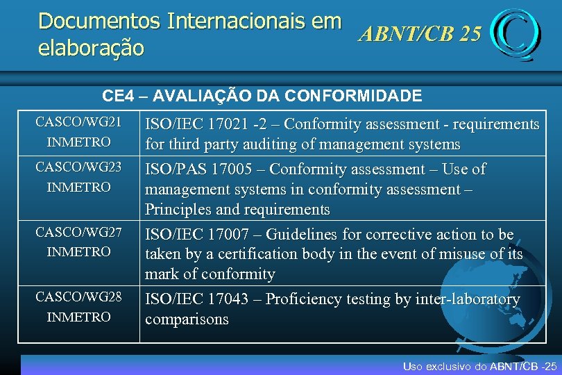 Documentos Internacionais em ABNT/CB 25 elaboração CE 4 – AVALIAÇÃO DA CONFORMIDADE CASCO/WG 21