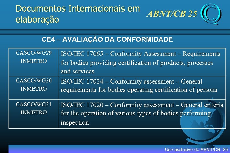 Documentos Internacionais em ABNT/CB 25 elaboração CE 4 – AVALIAÇÃO DA CONFORMIDADE CASCO/WG 29