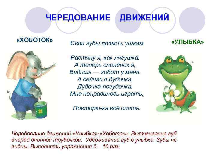 ЧЕРЕДОВАНИЕ ДВИЖЕНИЙ «ХОБОТОК» Свои губы прямо к ушкам Растяну я, как лягушка. А теперь