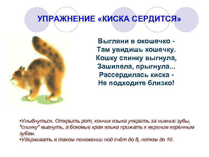 УПРАЖНЕНИЕ «КИСКА СЕРДИТСЯ» Выгляни в окошечко - Там увидишь кошечку. Кошку спинку выгнула, Зашипела,