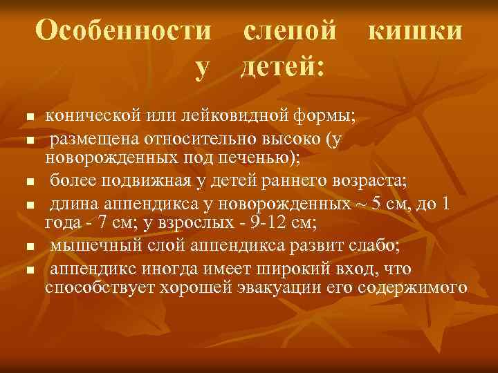 Особенности слепой кишки у детей: n n n конической или лейковидной формы; размещена относительно