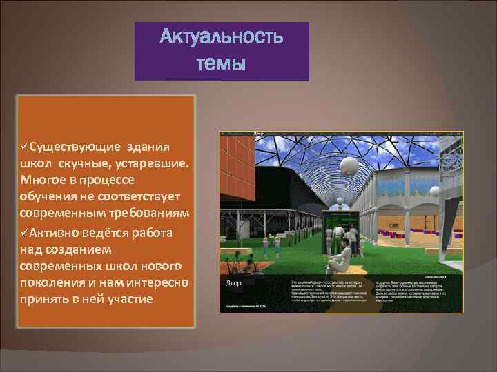 Актуальность темы üСуществующие здания школ скучные, устаревшие. Многое в процессе обучения не соответствует современным