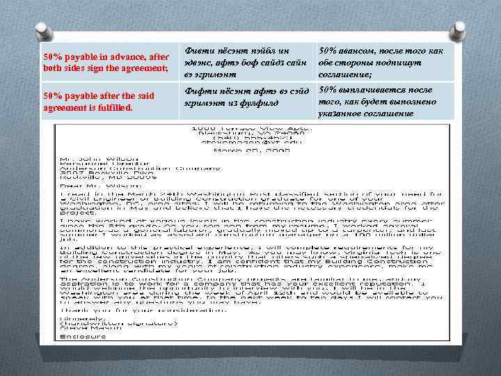 50% payable in advance, after both sides sign the agreement; Фивти пёсэнт пэйбл ин