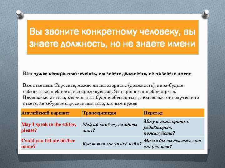 Вы звоните конкретному человеку, вы знаете должность, но не знаете имени Вам нужен конкретный