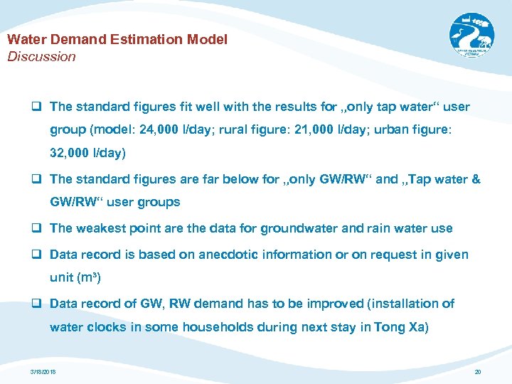 Water Demand Estimation Model Discussion The standard figures fit well with the results for