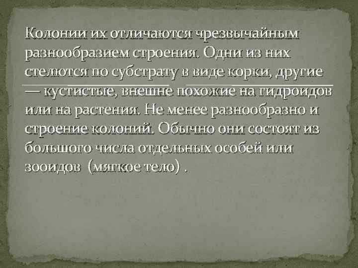 Колонии их отличаются чрезвычайным разнообразием строения. Одни из них стелются по субстрату в виде