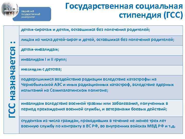 Марийский государственный университет Государственная социальная стипендия (ГСС) ГСС назначается : детям-сиротам и детям, оставшимся