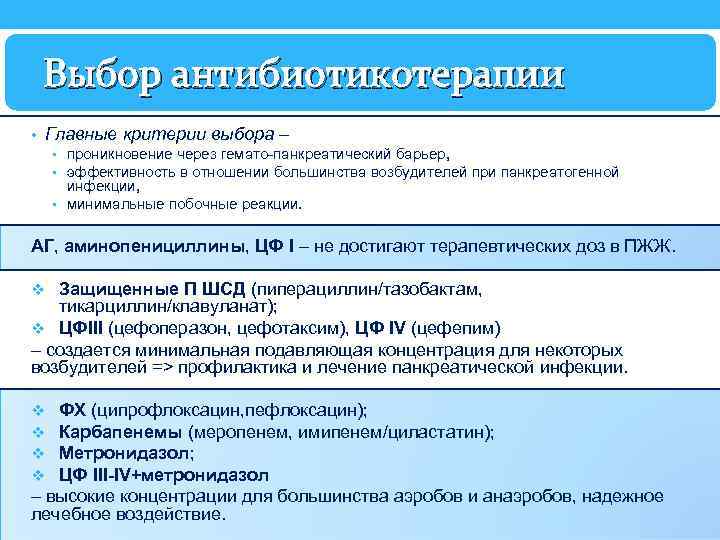 Выбор антибиотикотерапии • Главные критерии выбора – • проникновение через гемато-панкреатический барьер, • эффективность