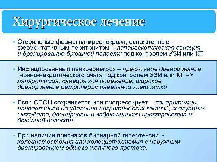 Хирургическое лечение • Стерильные формы панкреонекроза, осложненные ферментативным перитонитом – лапароскопическая санация и дренирование