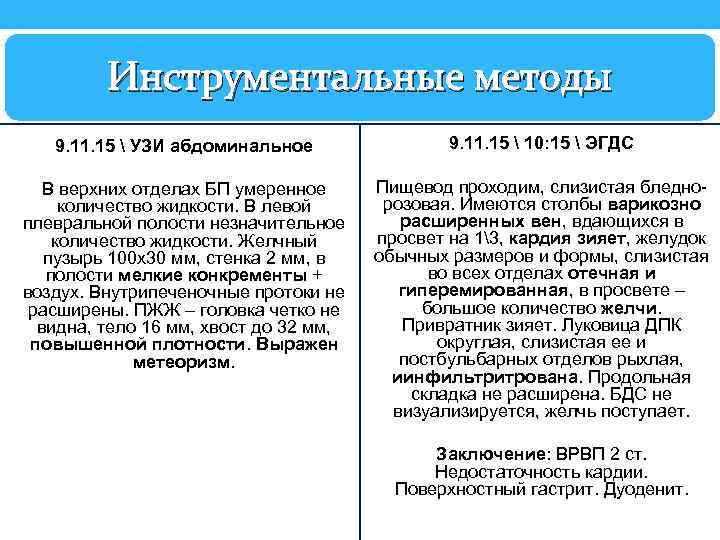 Инструментальные методы 9. 11. 15  УЗИ абдоминальное 9. 11. 15  10: 15