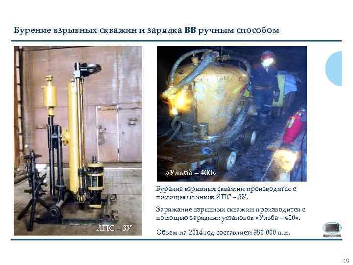 Бурение взрывных скважин и зарядка ВВ ручным способом «Ульба – 400» Бурение взрывных скважин