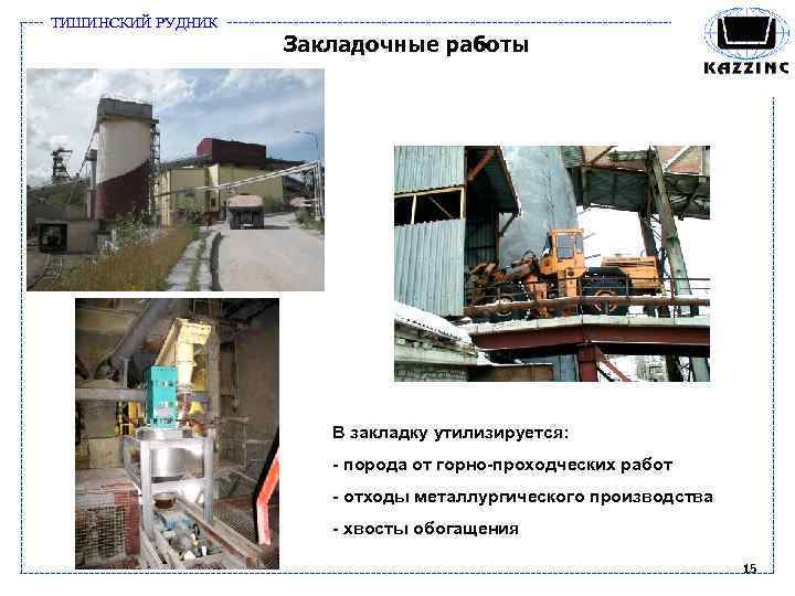 ТИШИНСКИЙ РУДНИК Закладочные работы В закладку утилизируется: - порода от горно-проходческих работ - отходы