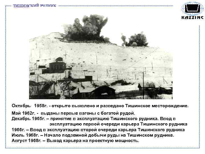 ТИШИНСКИЙ РУДНИК Октябрь 1958 г. - открыто выявлено и разведано Тишинское месторождение. Май 1962