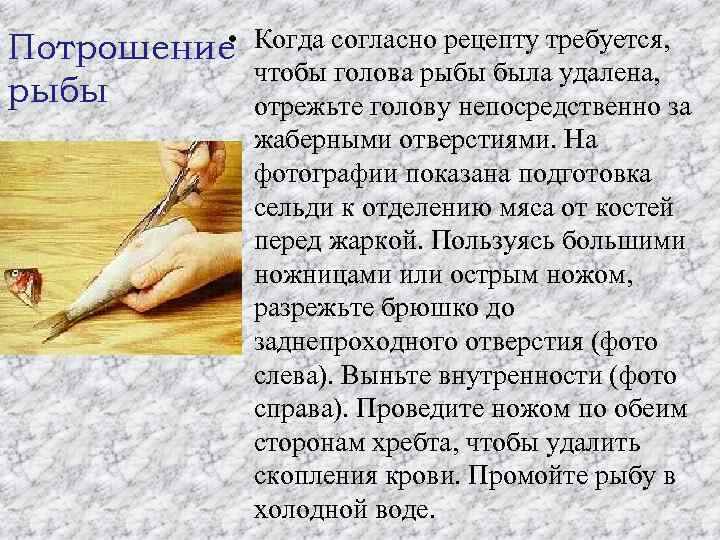  • Потрошение рыбы Когда согласно рецепту требуется, чтобы голова рыбы была удалена, отрежьте