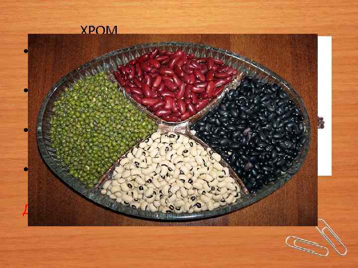 ХРОМ • Высокое содержание холестерина в крови. • Гипогликемия(тяга с сладкому) • Нетерпимость к