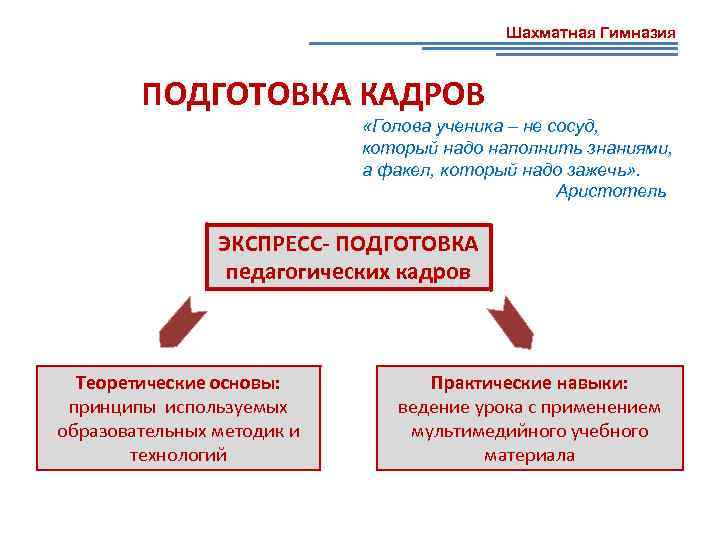 Шахматная Гимназия ПОДГОТОВКА КАДРОВ «Голова ученика – не сосуд, который надо наполнить знаниями, а