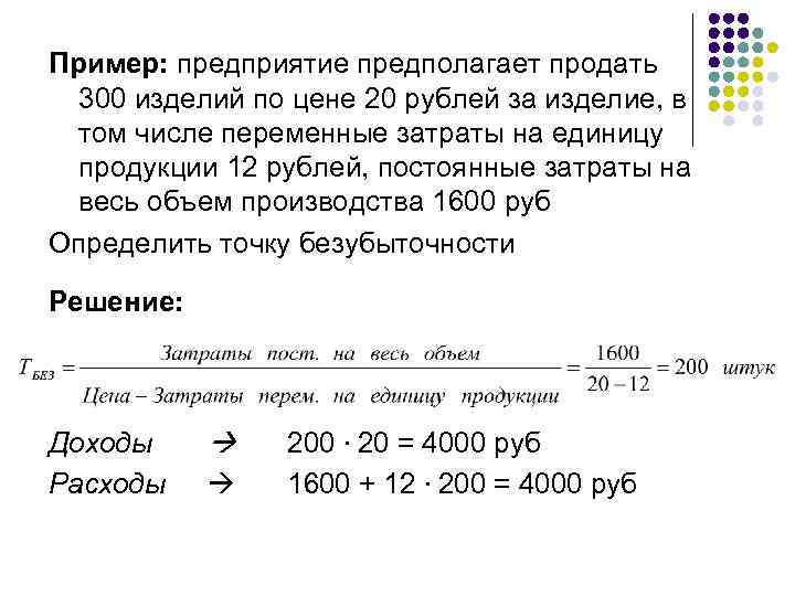 Пример: предприятие предполагает продать 300 изделий по цене 20 рублей за изделие, в том