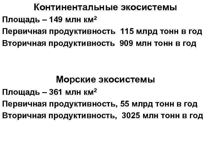 Континентальные экосистемы Площадь – 149 млн км 2 Первичная продуктивность 115 млрд тонн в