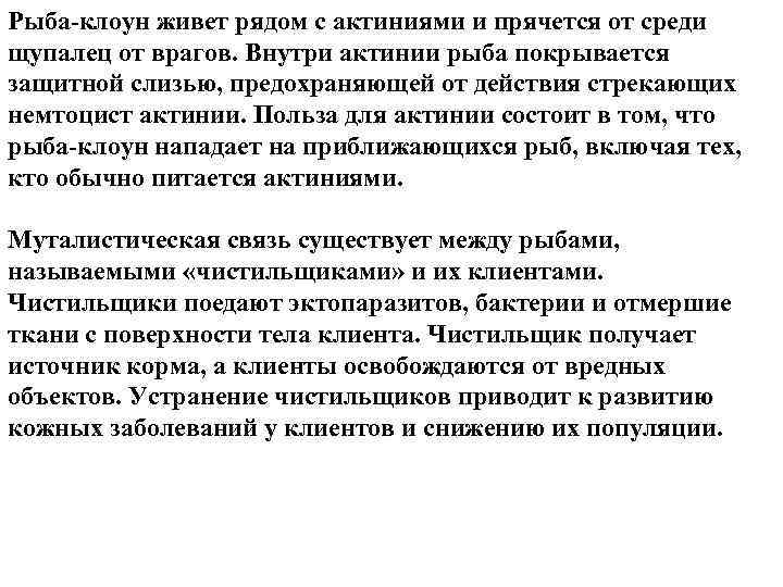 Рыба клоун живет рядом с актиниями и прячется от среди щупалец от врагов. Внутри