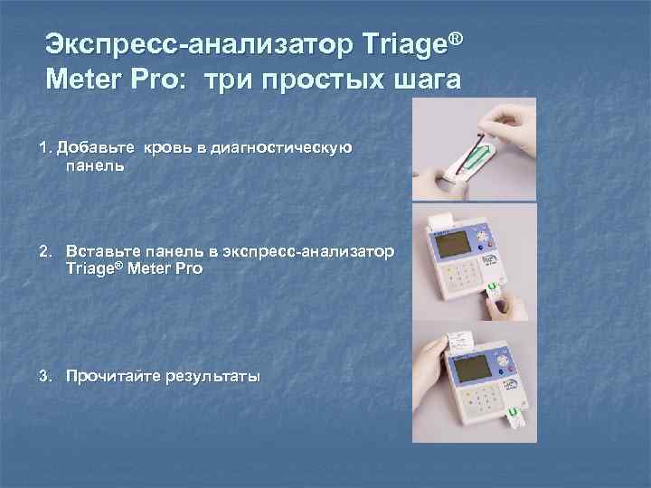 Экспресс-анализатор Triage® Meter Pro: три простых шага 1. Добавьте кровь в диагностическую панель 2.