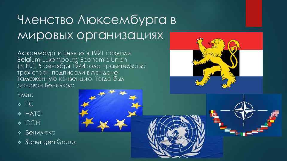 Членство Люксембурга в мировых организациях Люксембург и Бельгия в 1921 создали Belgium-Luxembourg Economic Union