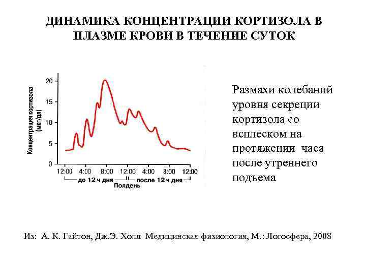 ДИНАМИКА КОНЦЕНТРАЦИИ КОРТИЗОЛА В ПЛАЗМЕ КРОВИ В ТЕЧЕНИЕ СУТОК Размахи колебаний уровня секреции кортизола