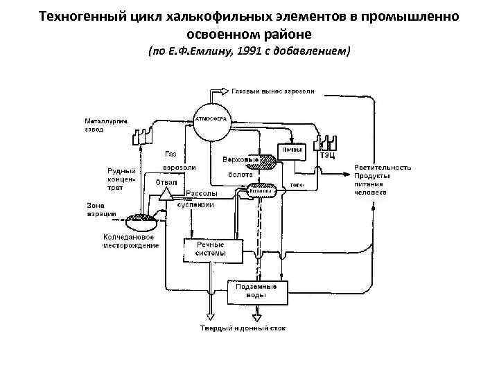 Техногенный цикл халькофильных элементов в промышленно освоенном районе (по Е. Ф. Емлину, 1991 с