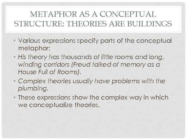 METAPHOR AS A CONCEPTUAL STRUCTURE: THEORIES ARE BUILDINGS • Various expressions specify parts of
