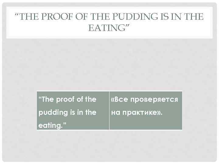 “THE PROOF OF THE PUDDING IS IN THE EATING” “The proof of the «Все