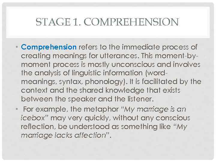 STAGE 1. COMPREHENSION • Comprehension refers to the immediate process of creating meanings for