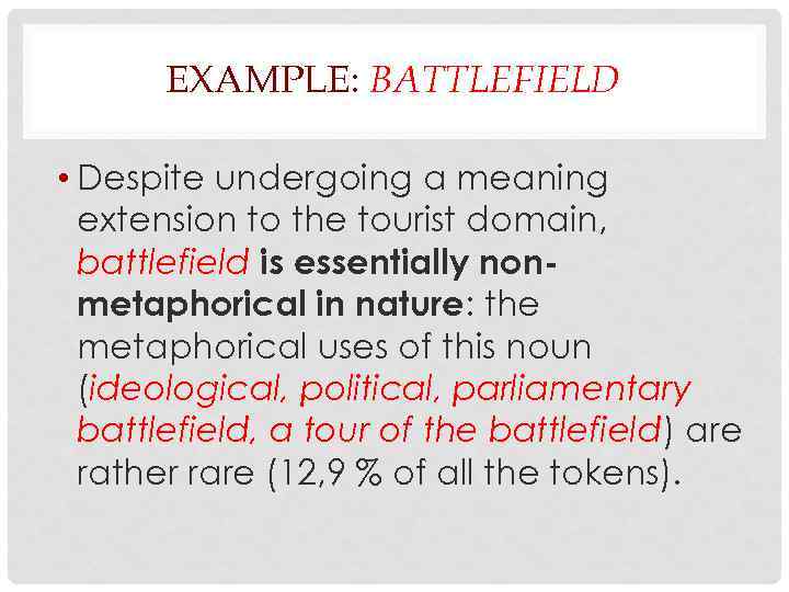 EXAMPLE: BATTLEFIELD • Despite undergoing a meaning extension to the tourist domain, battlefield is