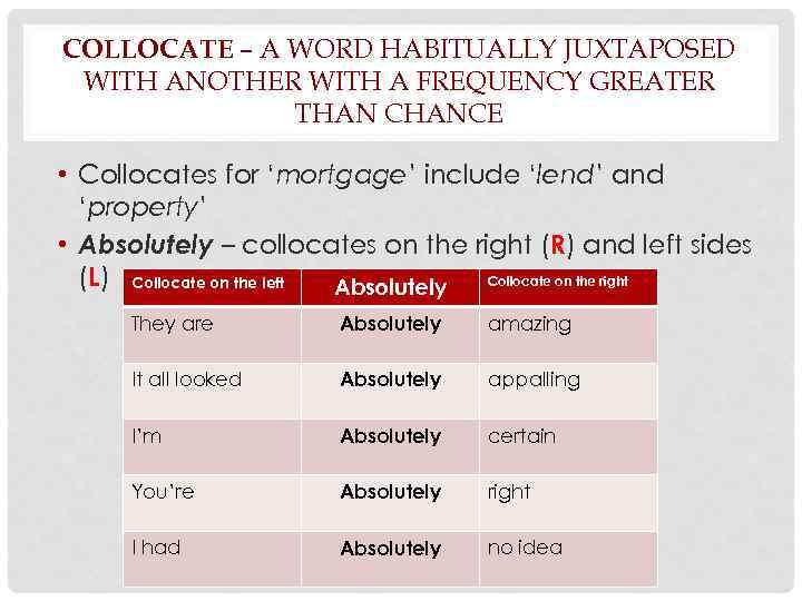 COLLOCATE – A WORD HABITUALLY JUXTAPOSED WITH ANOTHER WITH A FREQUENCY GREATER THAN CHANCE