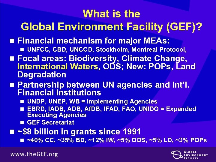 What is the Global Environment Facility (GEF)? n Financial mechanism for major MEAs: n