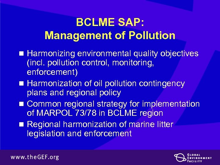 BCLME SAP: Management of Pollution n Harmonizing environmental quality objectives (incl. pollution control, monitoring,