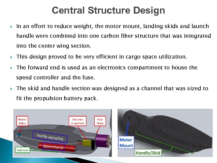 Central Structure Design In an effort to reduce weight, the motor mount, landing skids