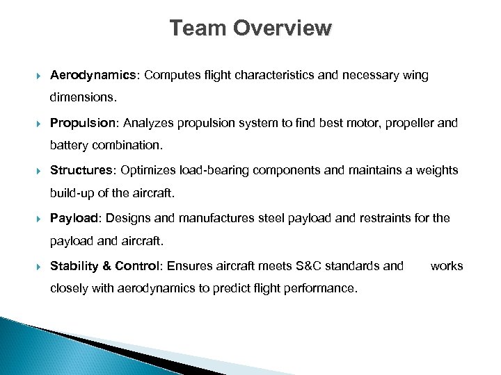 Team Overview Aerodynamics: Computes flight characteristics and necessary wing dimensions. Propulsion: Analyzes propulsion system