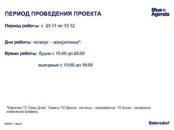 ПЕРИОД ПРОВЕДЕНИЯ ПРОЕКТА Период работы: с 23. 11 по 13. 12 Дни работы: четверг