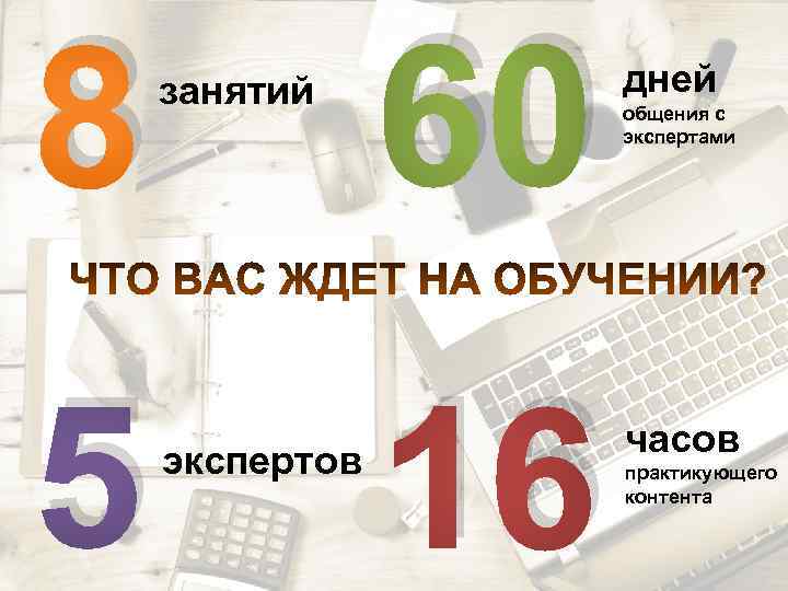 8 5 занятий 60 экспертов 16 дней общения с экспертами часов практикующего контента 