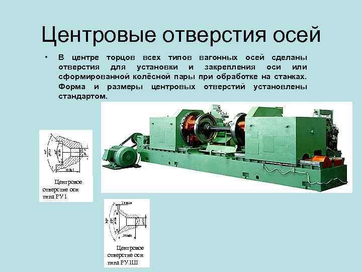 Центровые отверстия осей • В центре торцов всех типов вагонных осей сделаны отверстия для