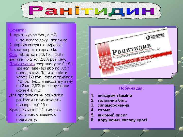 Ефекти: 1. пригнічує секрецію HCl шлункового соку і пепсину; 2. сприяє загоєнню виразок; 3.