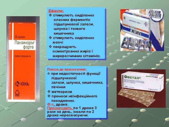 Ефекти: v стимулють виділення власних ферментів підшлункової залози, шлунка і тонкого кишечника v стимулють