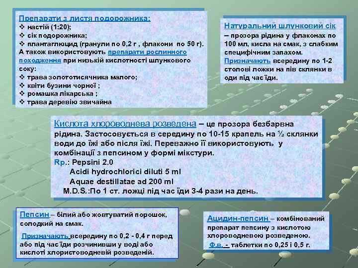 Препарати з листя подорожника: v настій (1: 20); v сік подорожника; v плантаглюцид (гранули