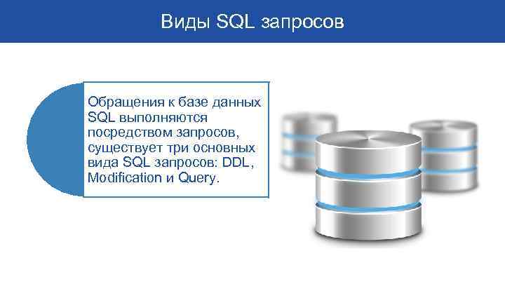 Виды SQL запросов Обращения к базе данных SQL выполняются посредством запросов, существует три основных