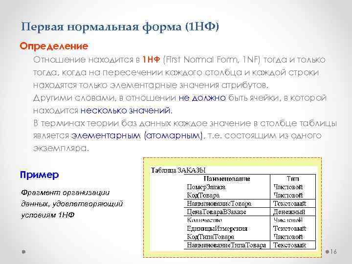 Первая нормальная форма (1 НФ) Определение Отношение находится в 1 НФ (First Normal Form,