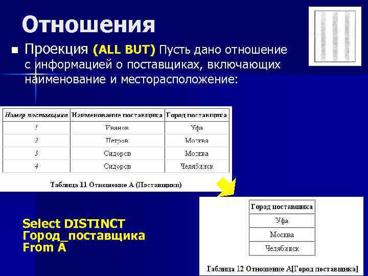 Отношения n Проекция (ALL BUT) Пусть дано отношение с информацией о поставщиках, включающих наименование