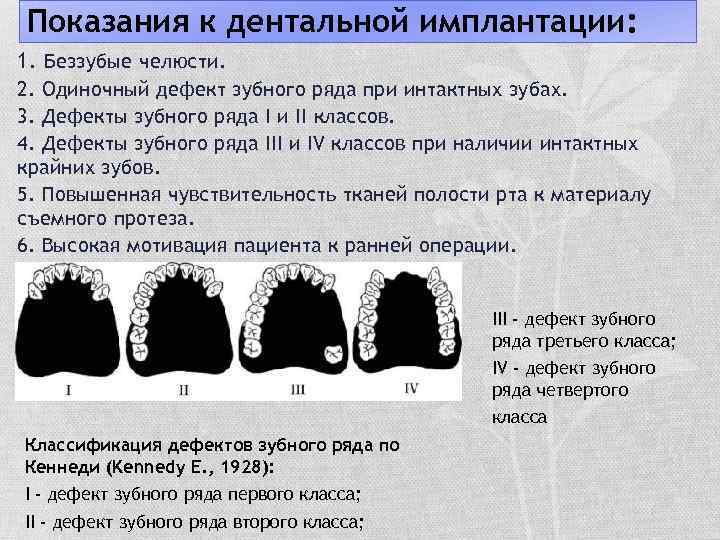 Показания к дентальной имплантации: 1. Беззубые челюсти. 2. Одиночный дефект зубного ряда при интактных