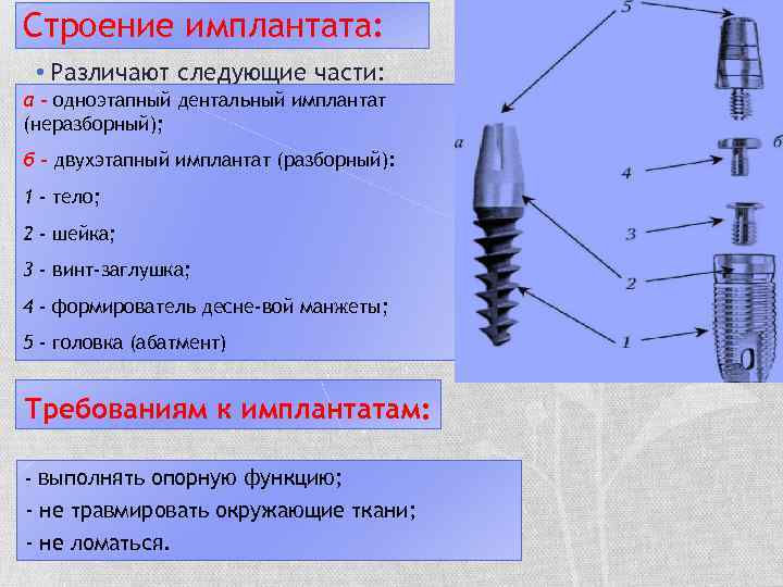 Строение имплантата: • Различают следующие части: а - одноэтапный дентальный имплантат (неразборный); б -