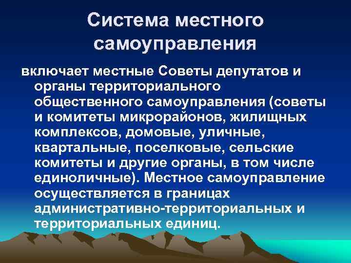 Система местного самоуправления включает местные Советы депутатов и органы территориального общественного самоуправления (советы и